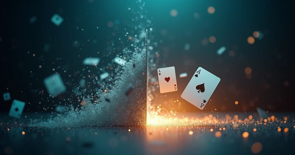 Split screen concept of poker equity versus range with community cards in the center