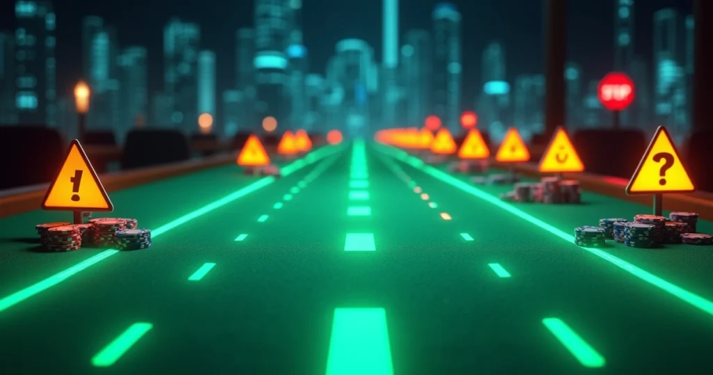 Poker table turning into a digital road with warning signs for common preflop mistakes