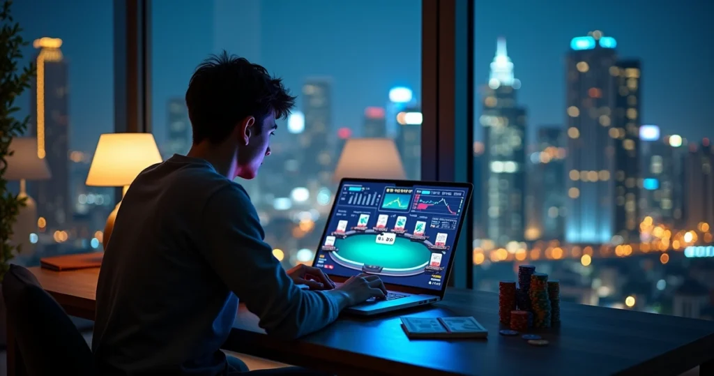 Online poker player facing laptop with profit charts over city skyline