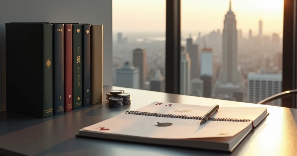 Stack of poker study books beside abstract card symbols on creative desk