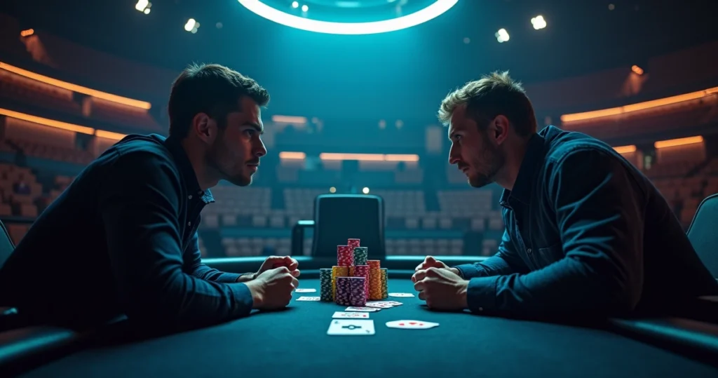 Heads-up poker showdown in dramatic arena highlighting aggressive strategy