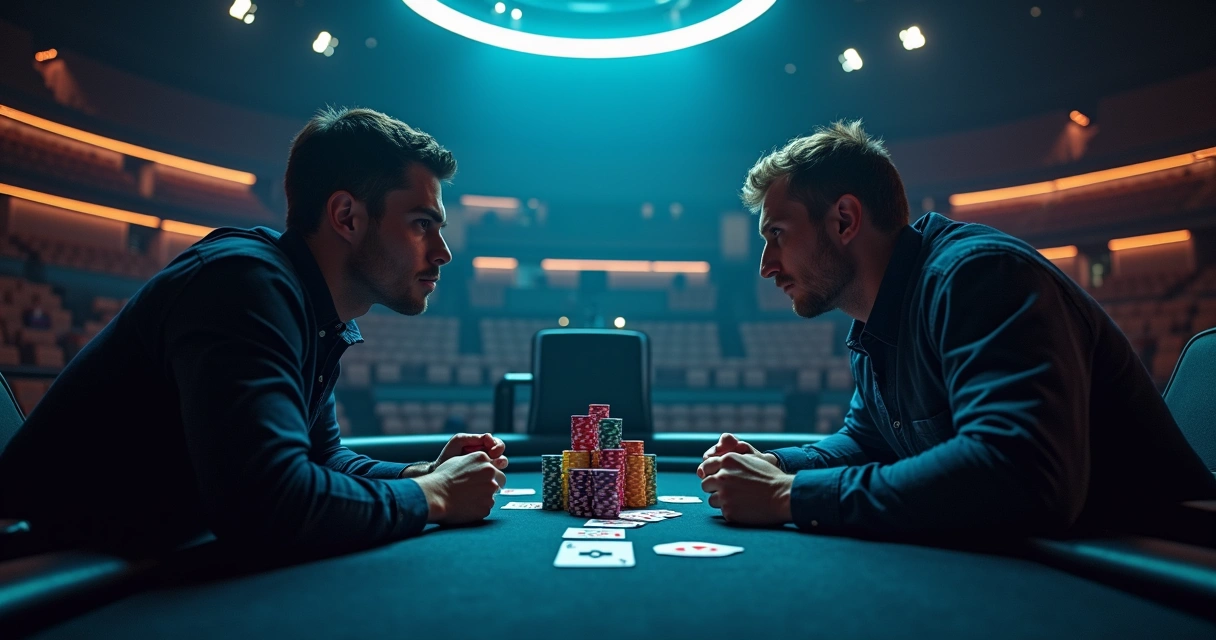 Heads-up poker showdown in dramatic arena highlighting aggressive strategy
