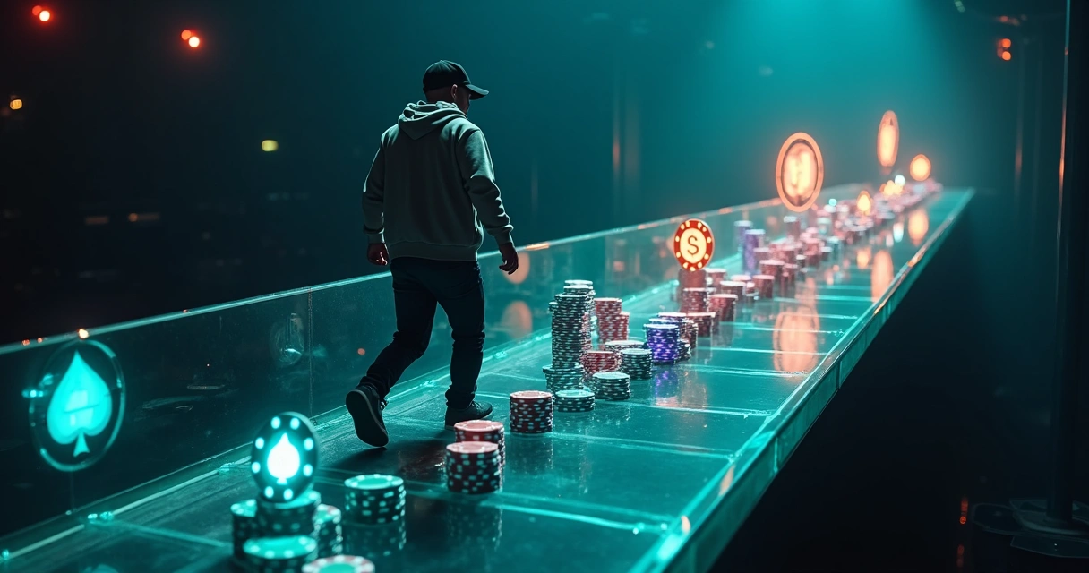 Tournament poker player crossing glass bridge made of chips toward floating bounties