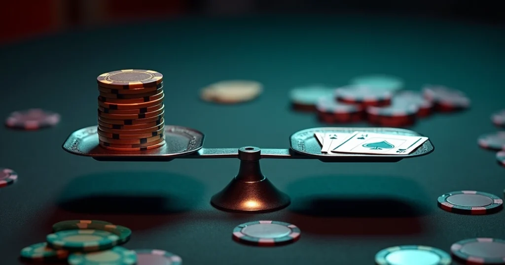 Poker chips and cards balanced on metallic scale