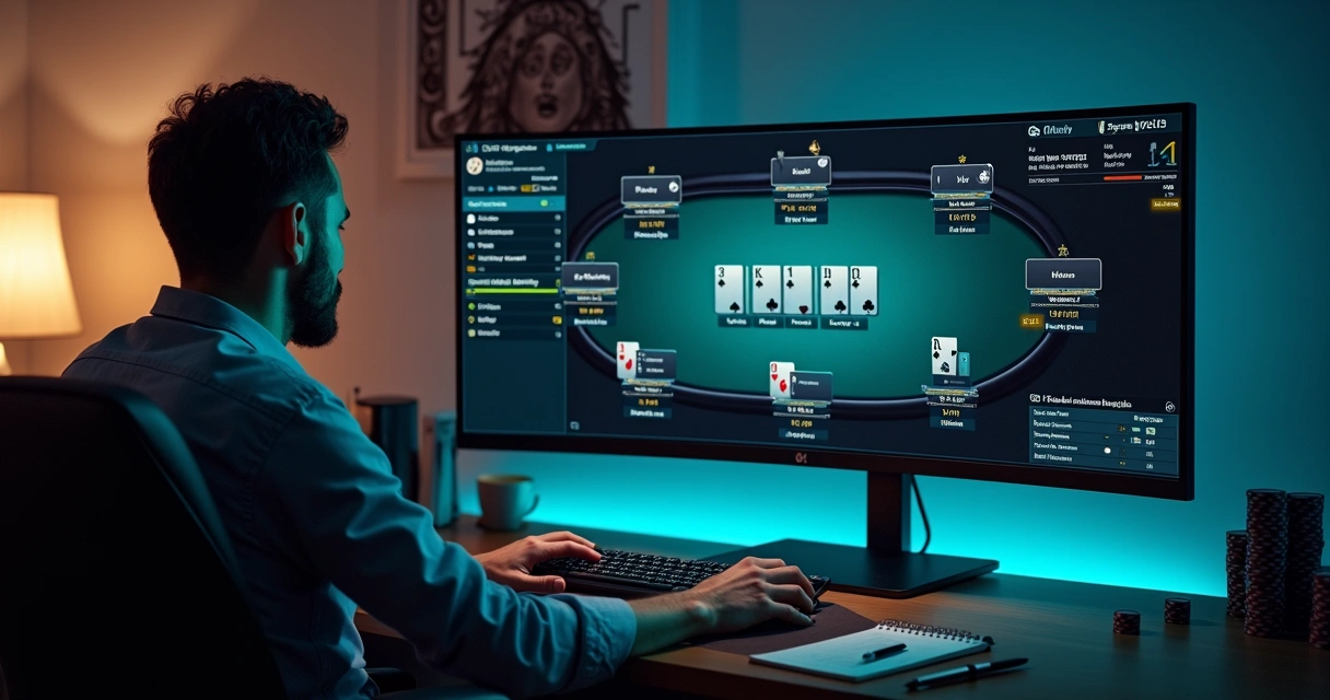 Poker player at ultrawide monitor studying hand history replay timeline