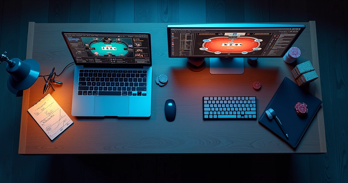 Top view of a desk showing advanced poker replayer vs generic software side by side