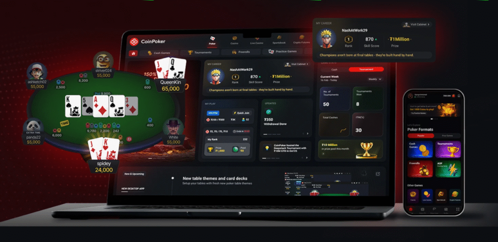 Digital poker lab scene visualizing Coin Poker hand histories on holographic screens