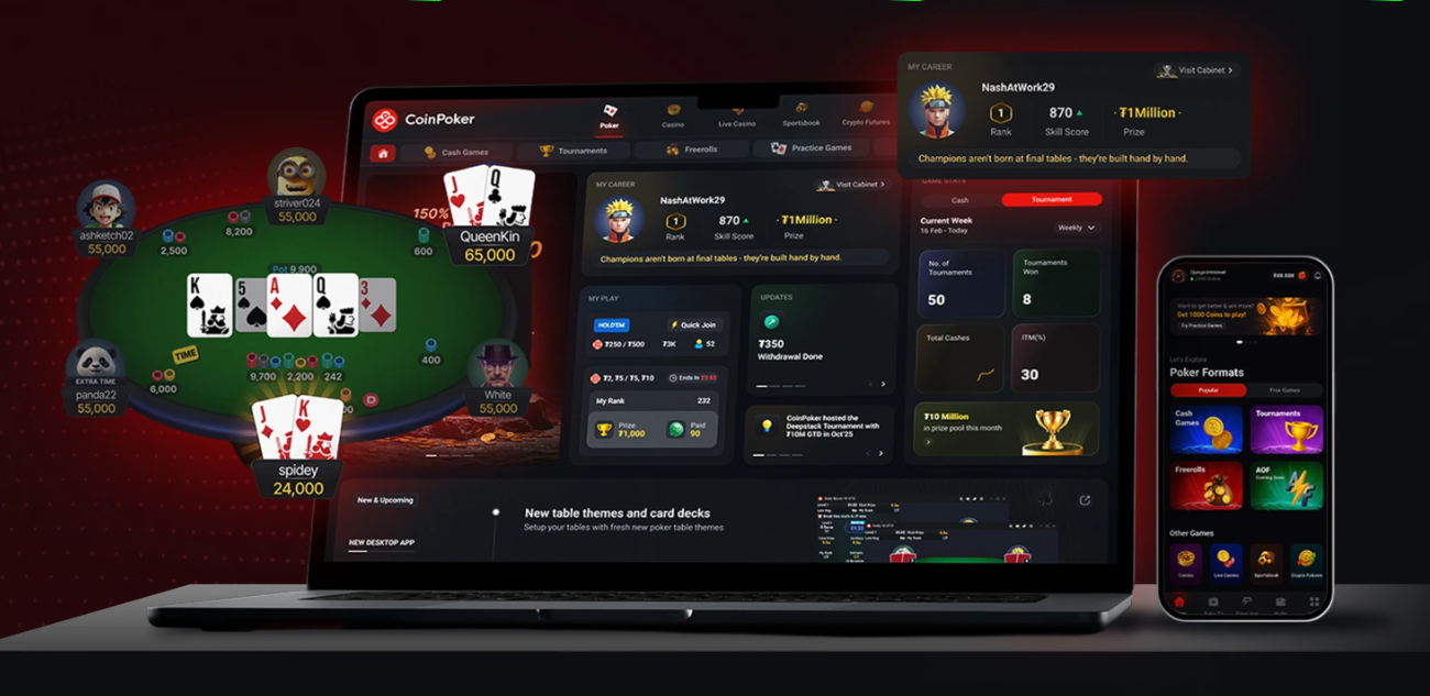 Digital poker lab scene visualizing Coin Poker hand histories on holographic screens