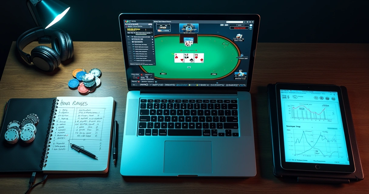 Overhead view of poker hand history being reviewed on laptop at modern desk