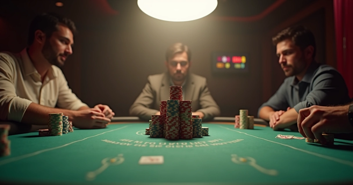 Poker final table with spotlighted medium stack under intense chip pressure