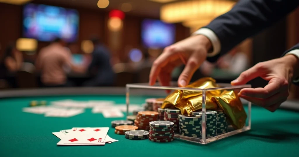 Professional poker player reaching for mystery bounty envelopes beside tournament table