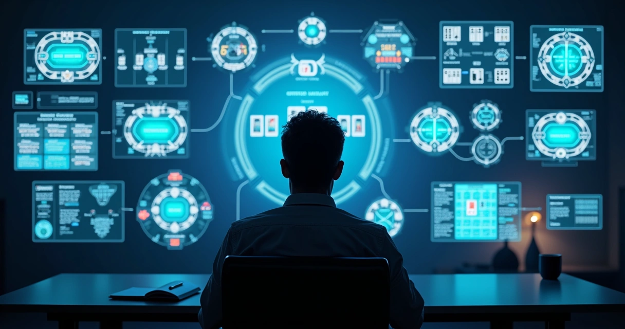 Poker player studying digital hand charts and replayer bubbles on a dark wall of screens