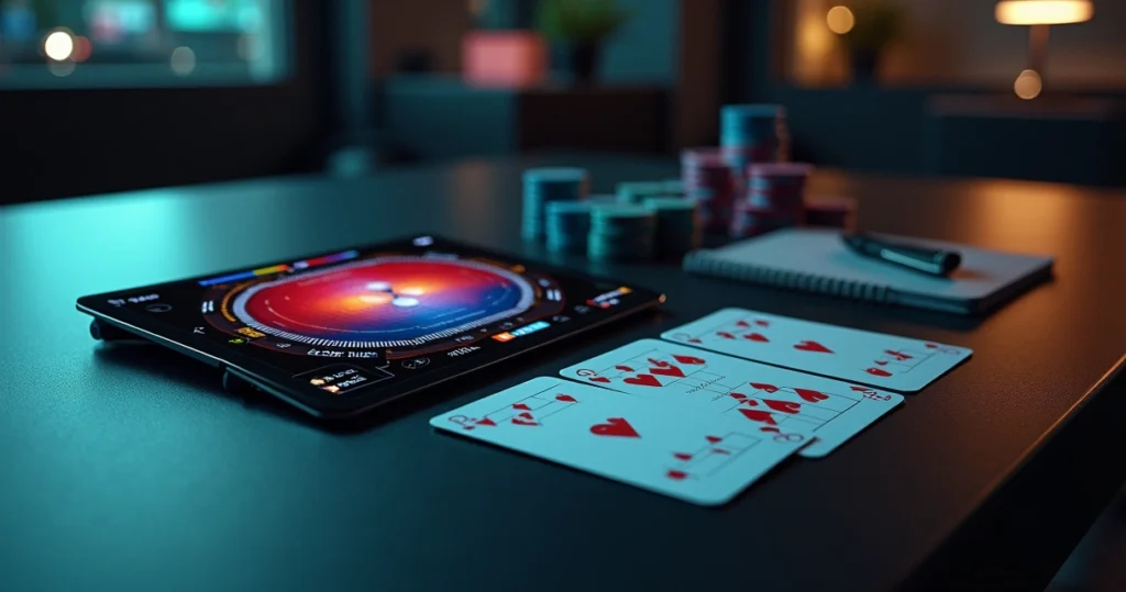 Poker math range diagram displayed on tablet beside cards and chips