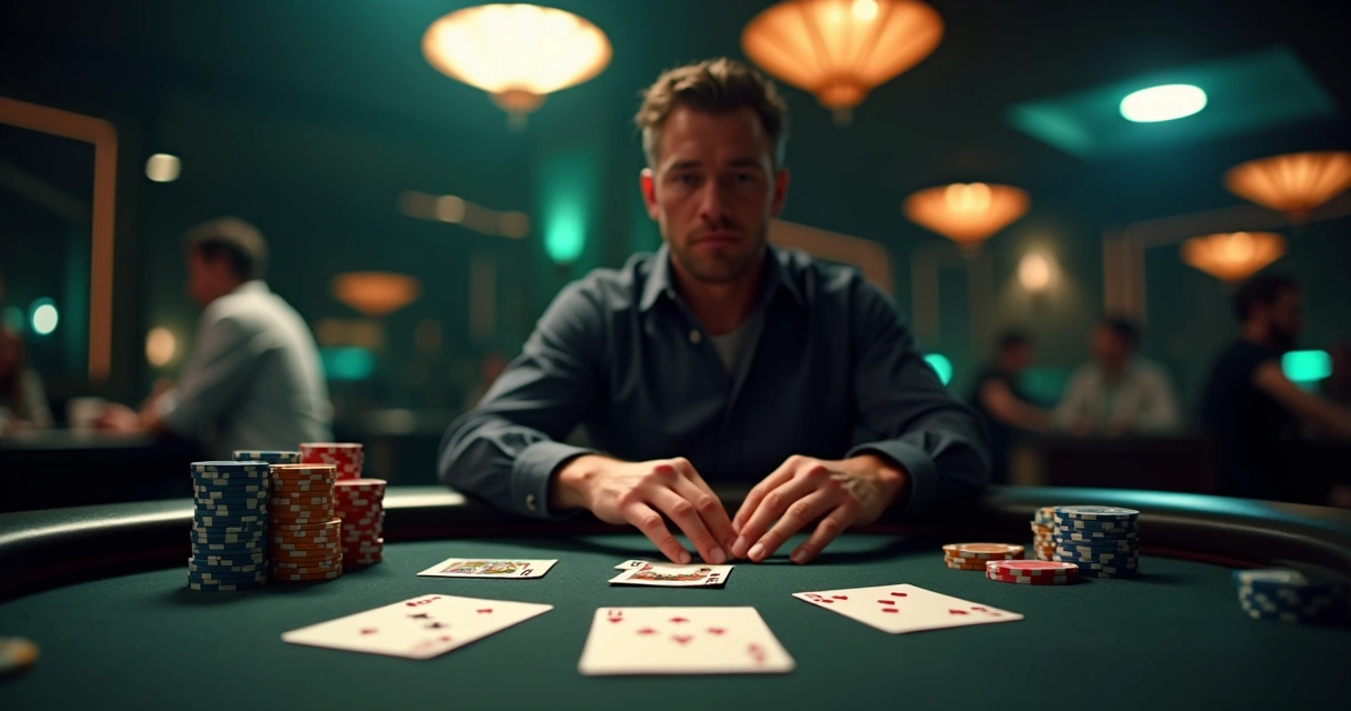 Poker player quietly folding hand while stack of chips is lit in spotlight