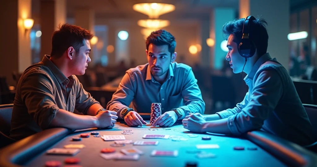 Poker player split into three versions reflecting different mental game states at the table