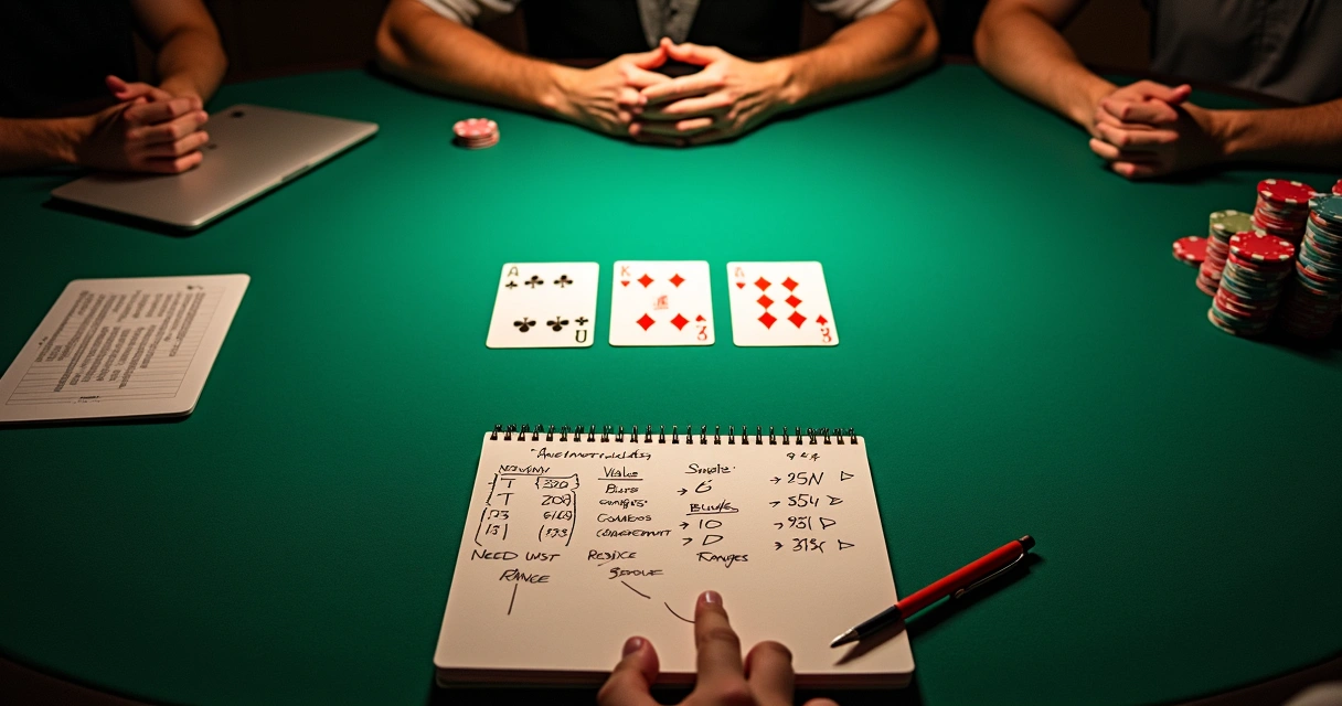 Poker table overhead view with cards and mathematical notes showing bluff catching decision