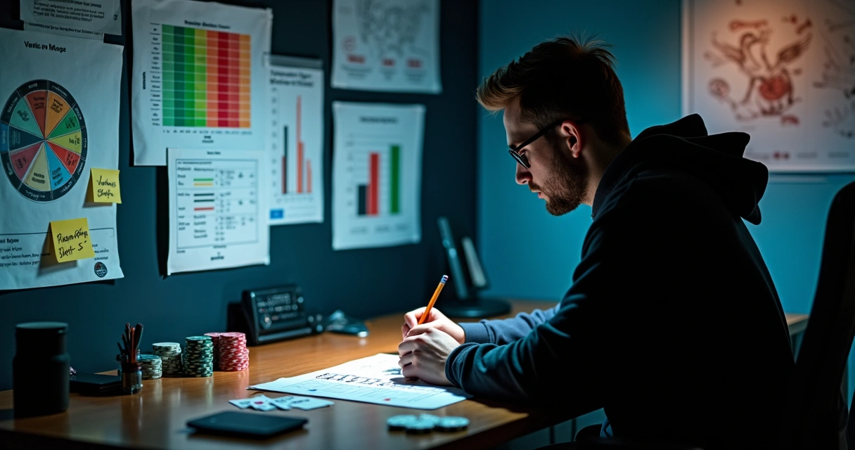Poker player studying hand ranges on a wall of green and red frequency charts