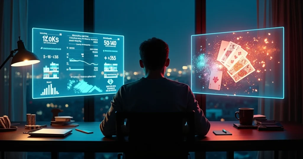 Poker player comparing math equations to winning and losing cards on transparent screens