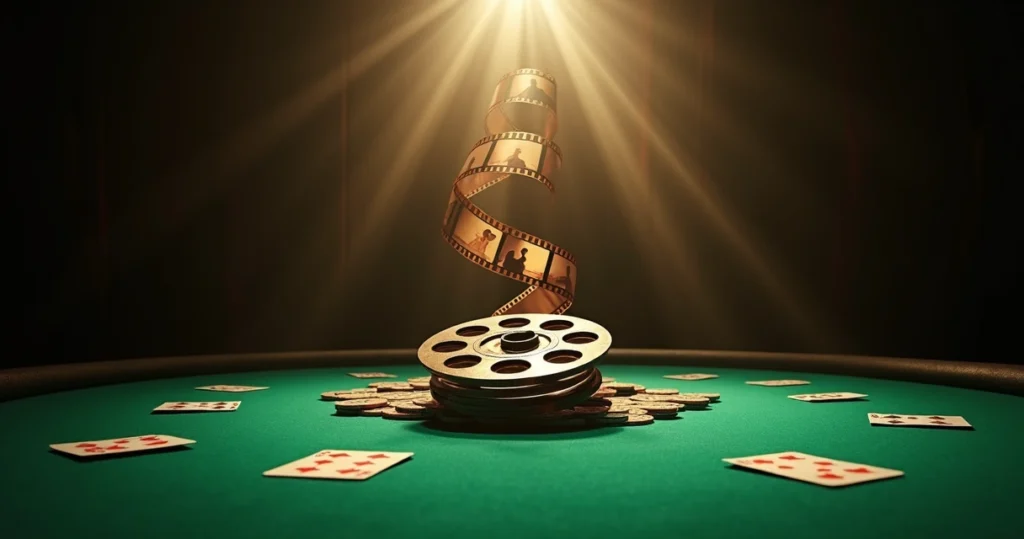 Film reel unwinding over a poker table with scattered cards and chips