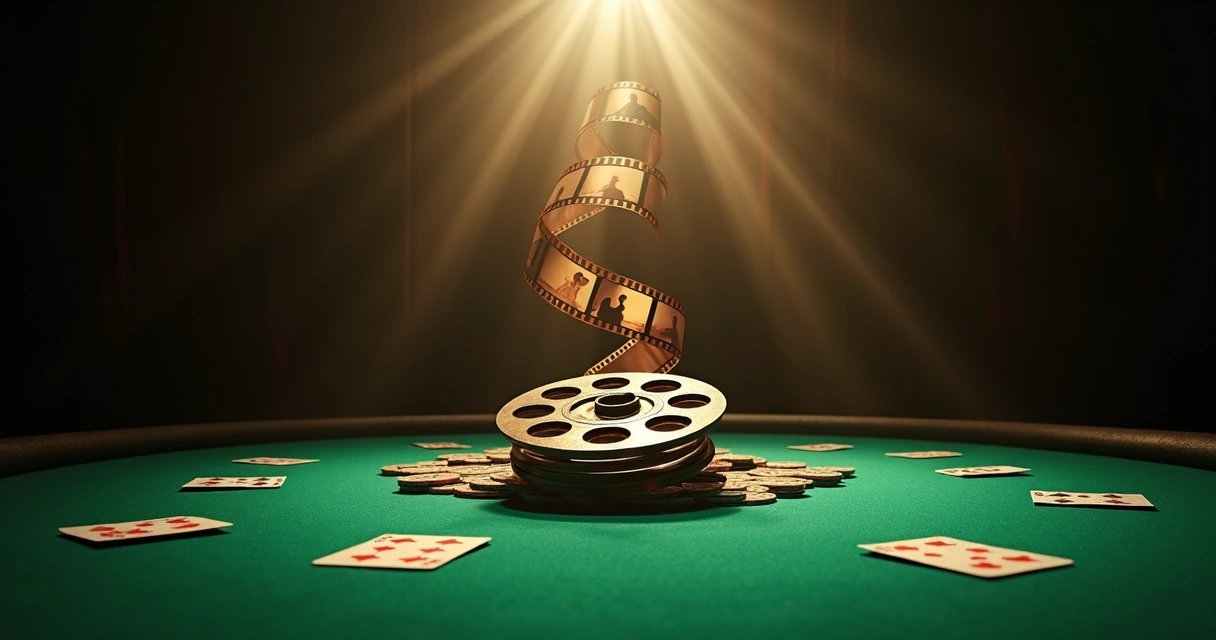 Film reel unwinding over a poker table with scattered cards and chips