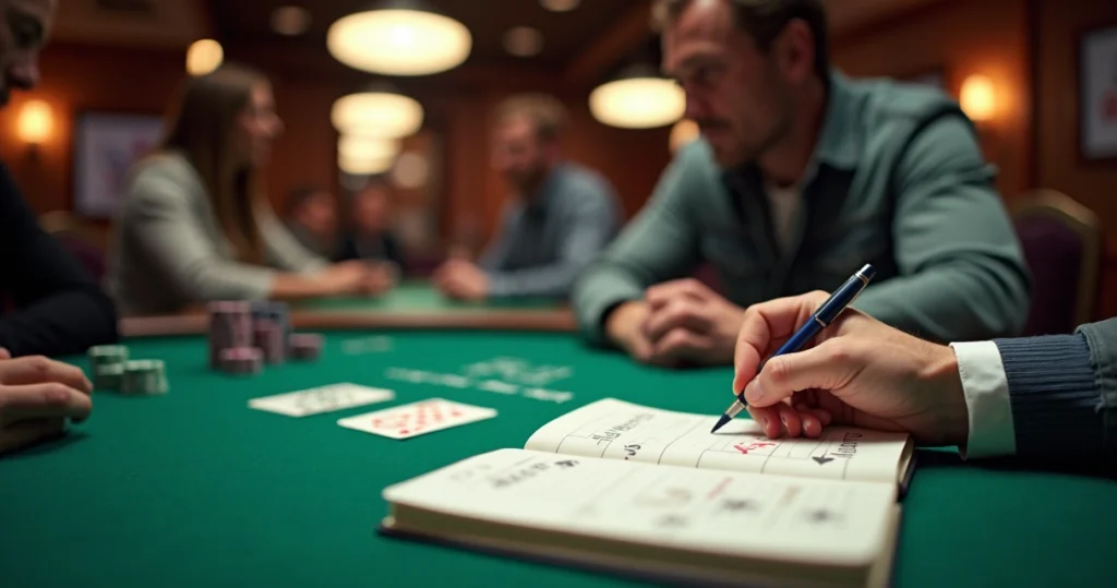 Poker player taking notes beside a live table while analyzing a complex hand