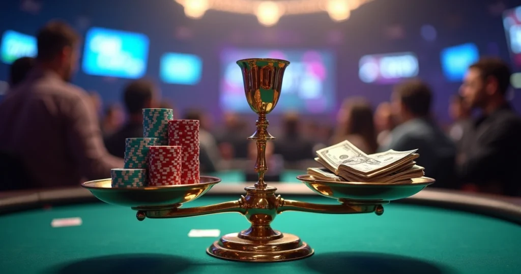 Poker chips and prize money balanced on a scale under tournament lights