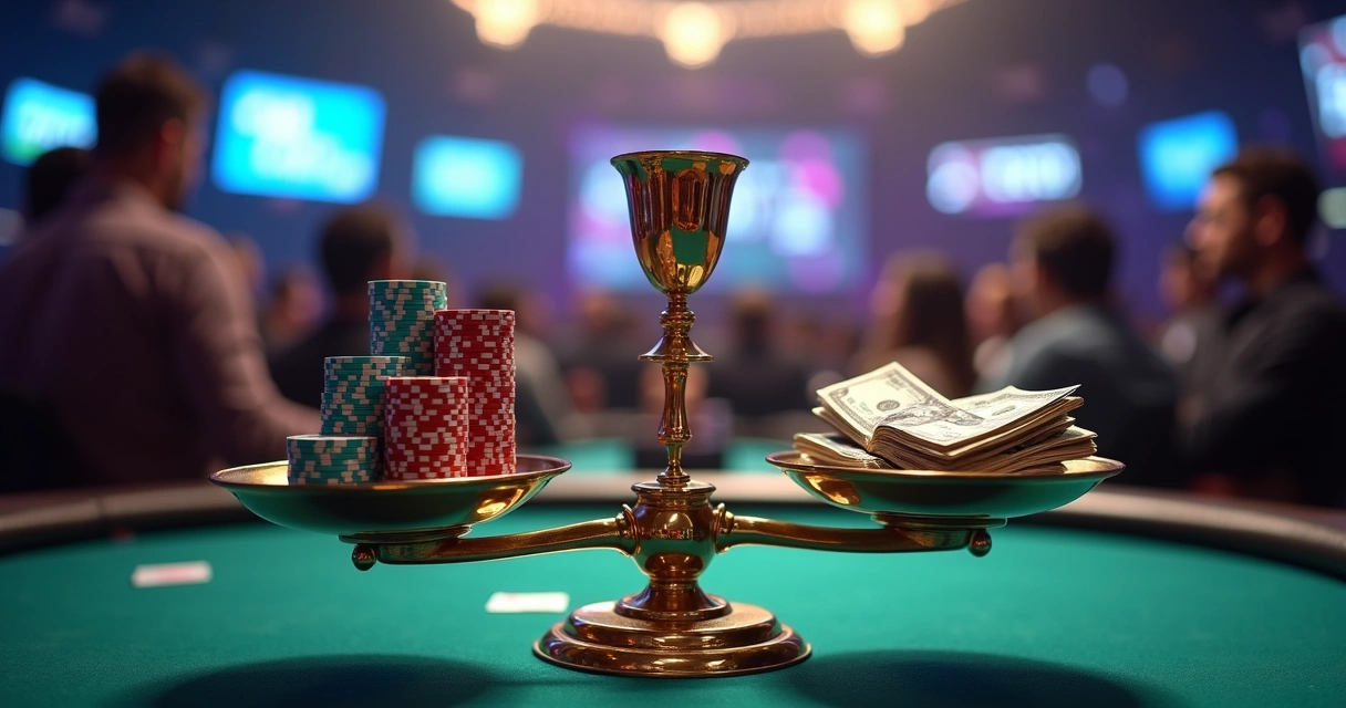 Poker chips and prize money balanced on a scale under tournament lights