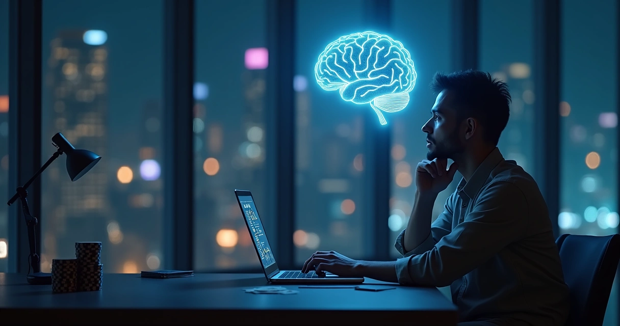 Poker player facing glowing decision tree branching from stylized brain