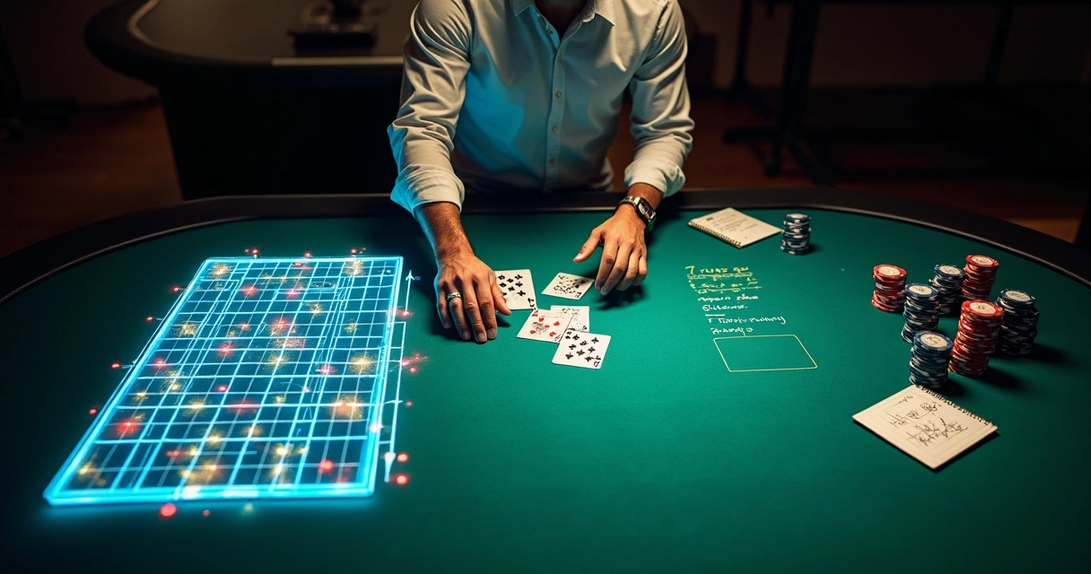 Poker player arranging physical cards over abstract geometric solver pattern