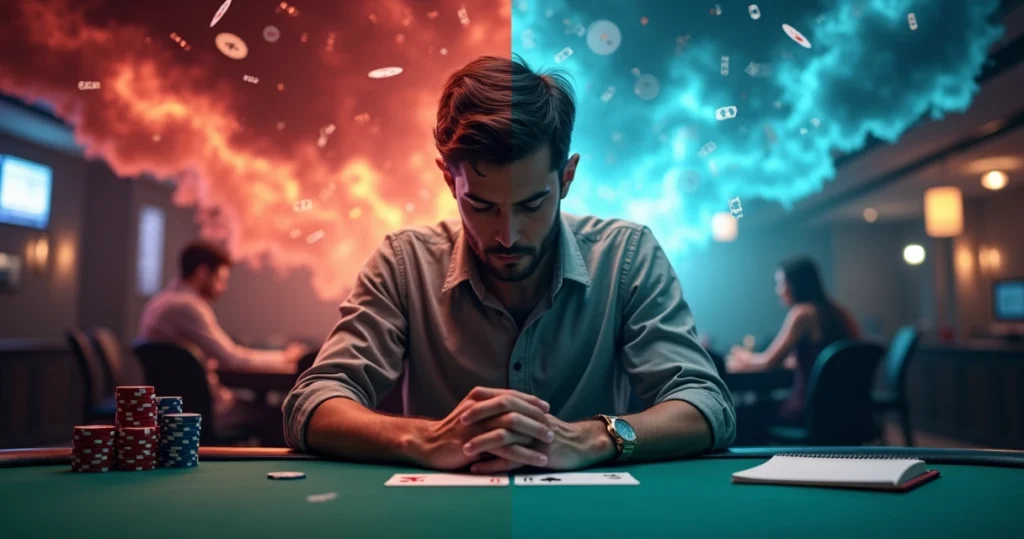Poker player at table with half storm half calm mindset visualization