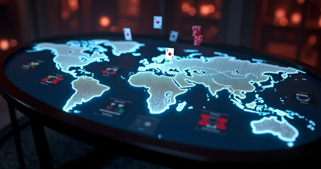 Poker table blended with world map showcasing different poker variants