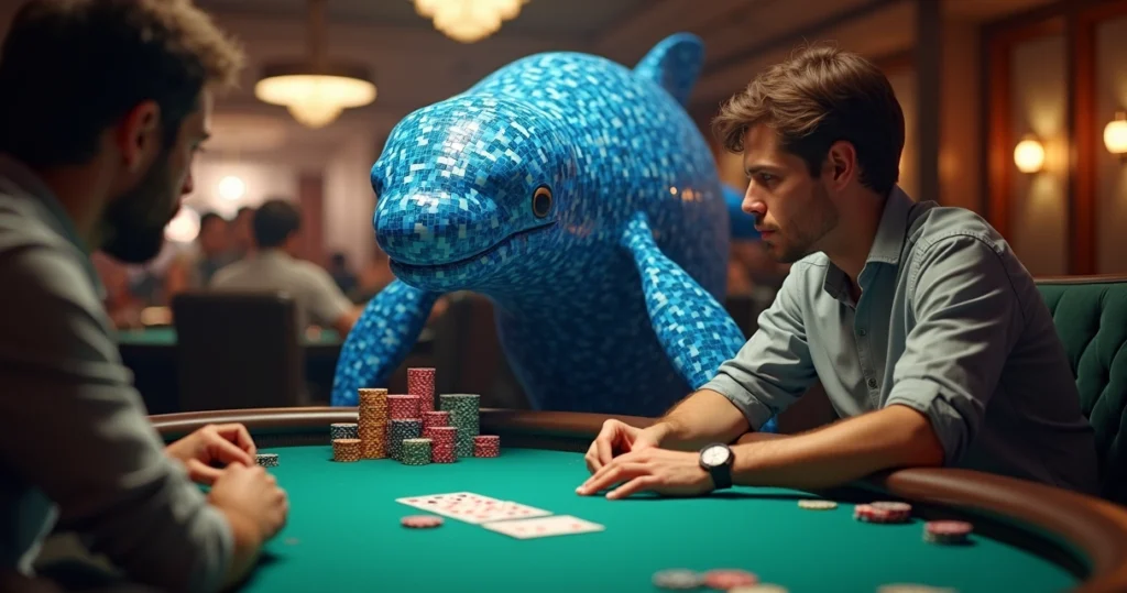 Poker player calmly value betting while cartoon whale made of chips looms behind table