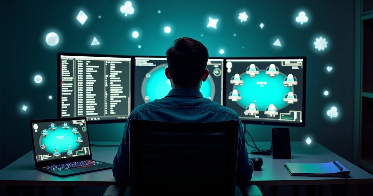 Online poker player at multi-screen setup reviewing digital hand histories