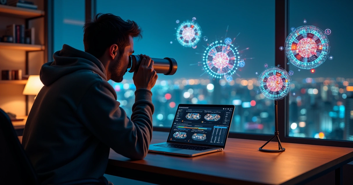 Poker analyst comparing multiple online poker sites through a telescope view over tables